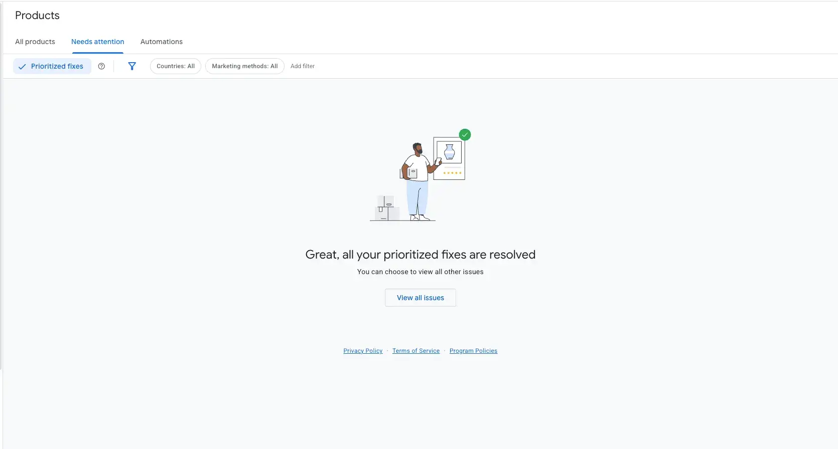 Google Merchant Center products page for albanien.shop, Needs attention tab with prioritised fixes selected: Great, all your prioritized fixes are resolved