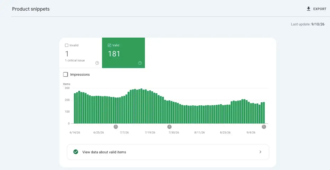 Google Search Console product snippets structured data report for albanien.shop, last updated 10 September 2026: 181 valid items, 1 invalid with 1 critical issue