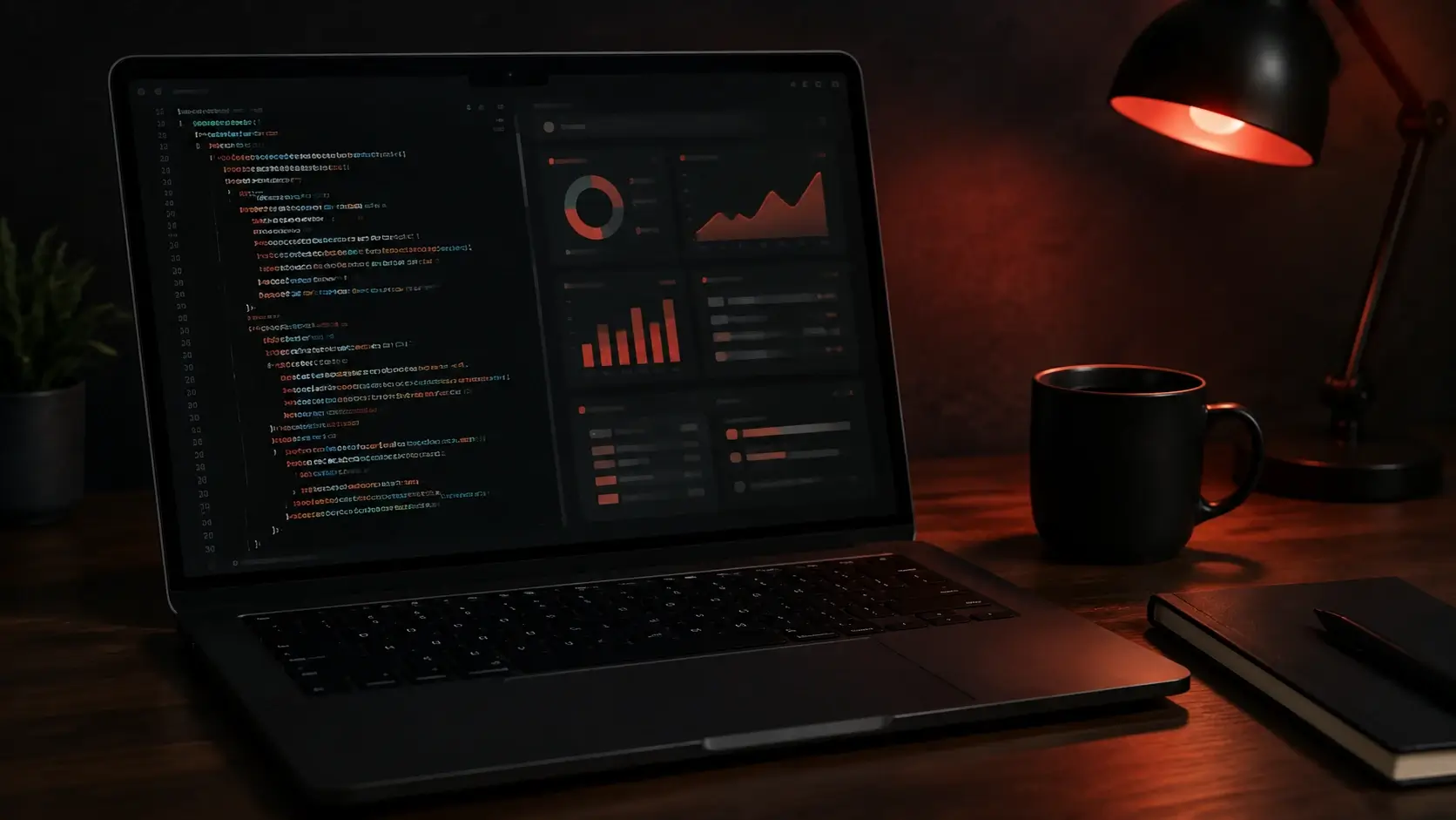 A laptop on a desk at night showing a reporting script mid-run