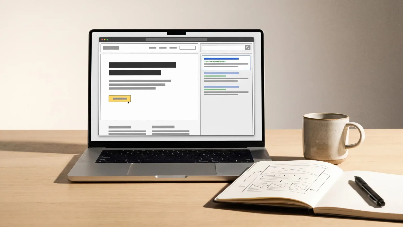 A laptop showing a landing page wireframe with a yellow call-to-action button next to search results, and a notebook of layout sketches