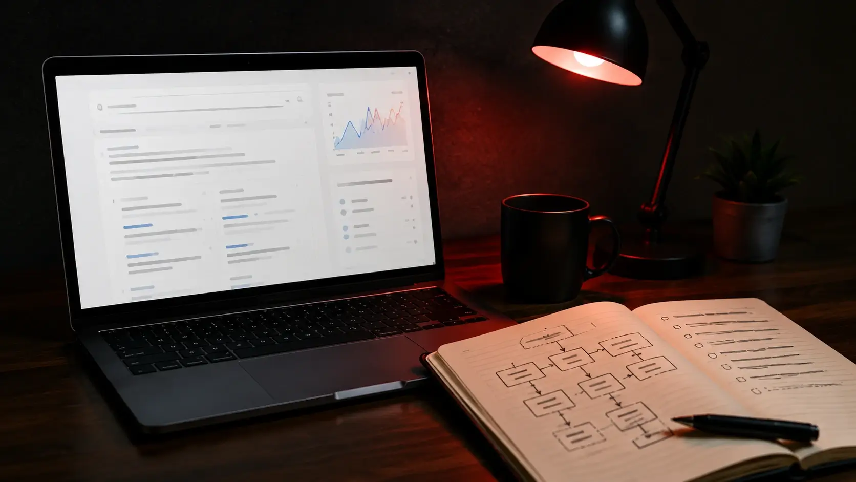 A laptop showing a search dashboard beside a notebook of automation flowcharts