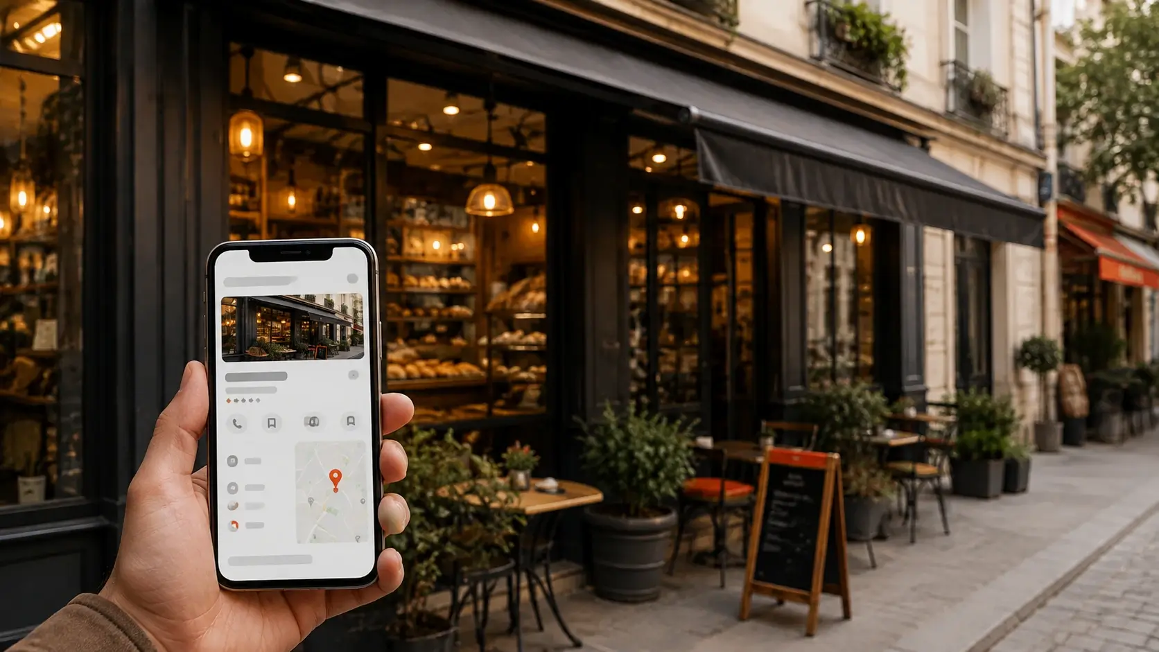 A phone showing a bakery's Google Business Profile, held up in front of the bakery itself