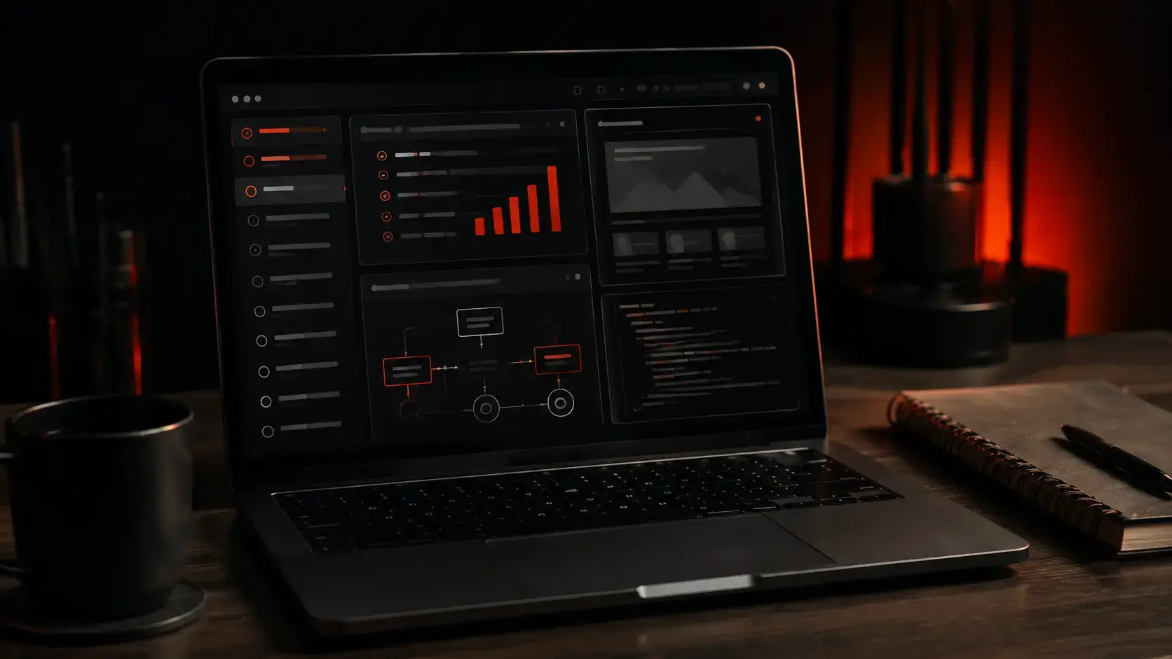 A laptop on a dark desk showing an analytics dashboard, charts and code