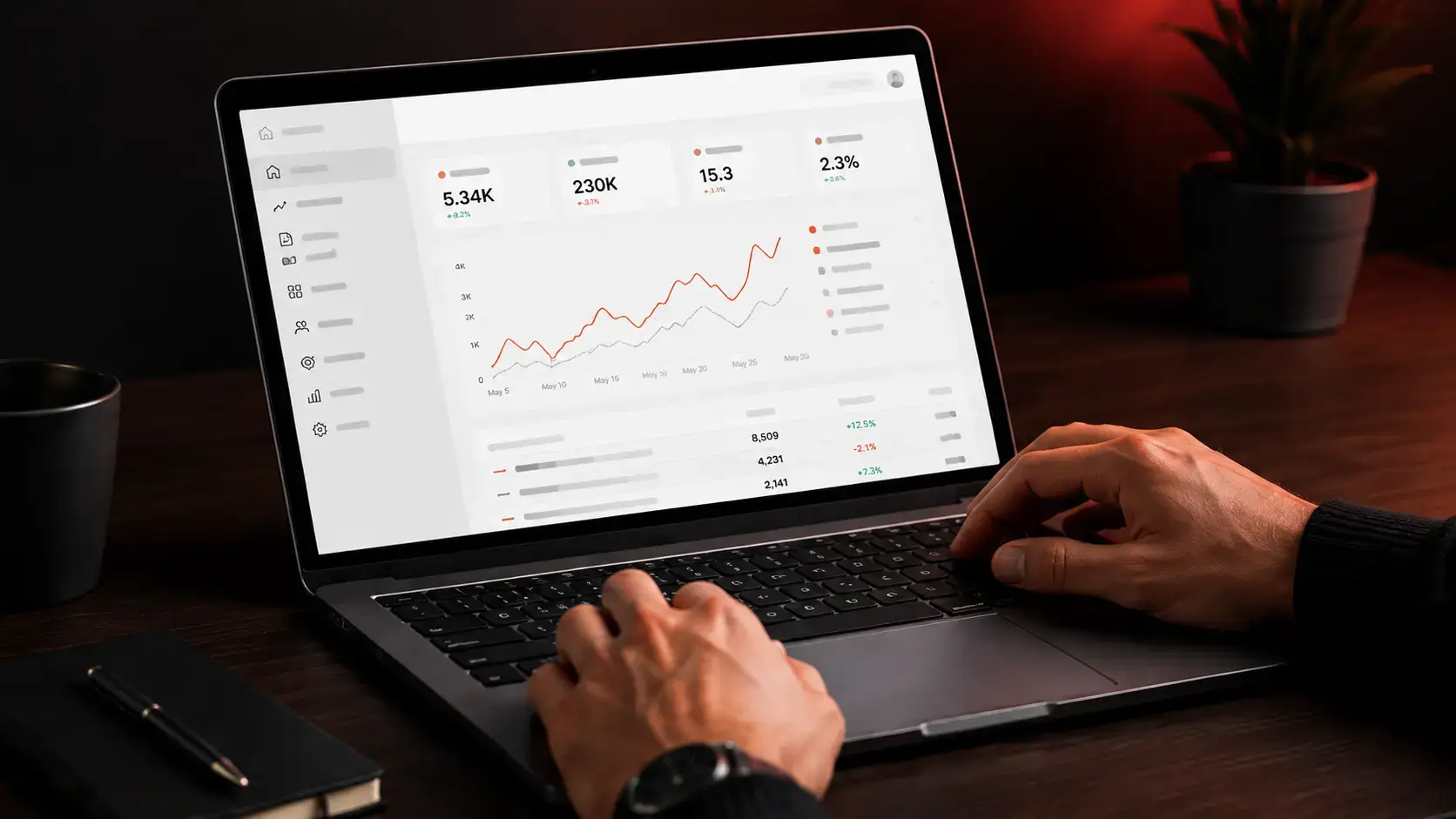 A search performance dashboard open on a laptop, clicks and impressions trending up