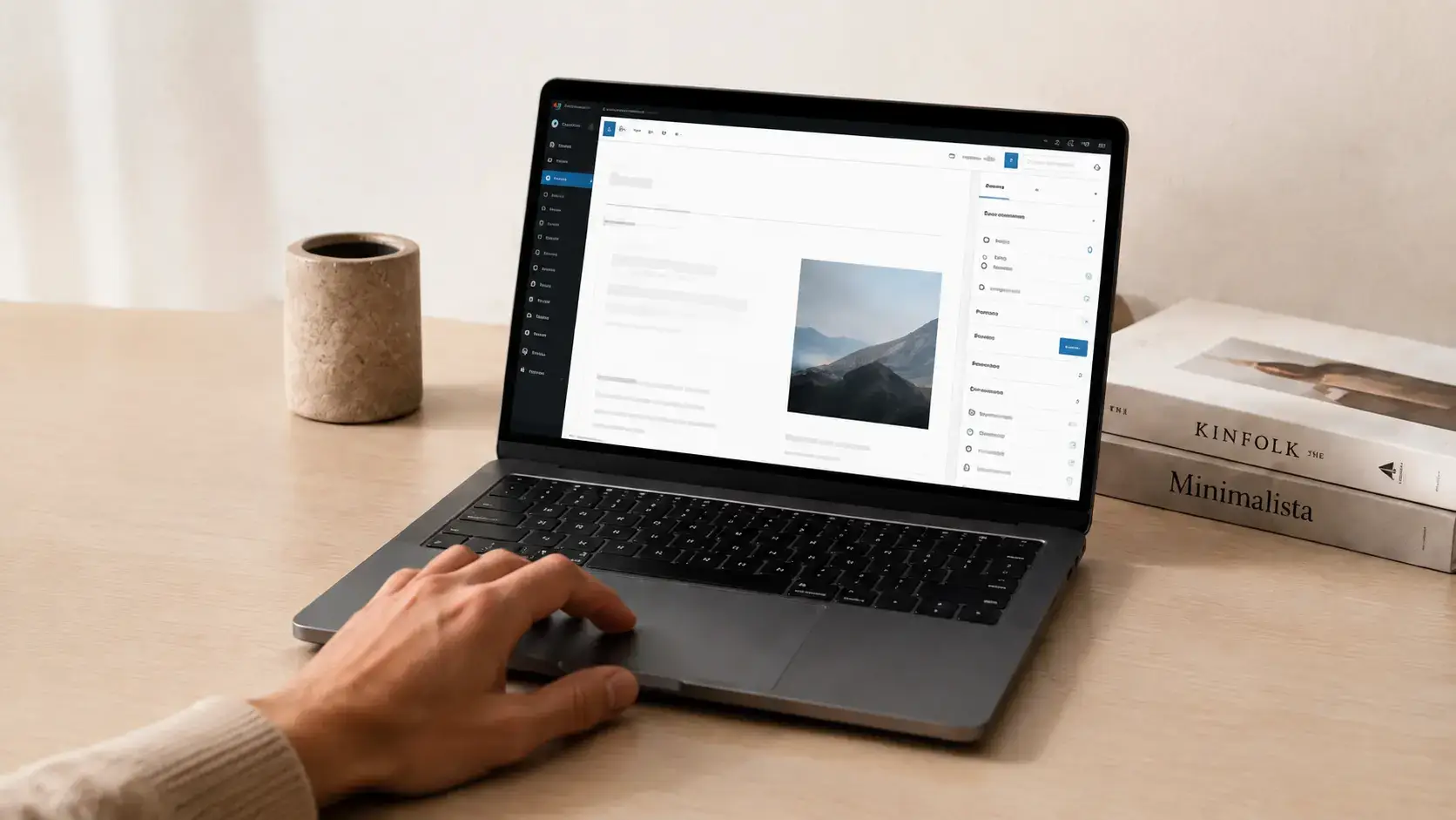 A hand on a laptop trackpad editing a WordPress page in the block editor