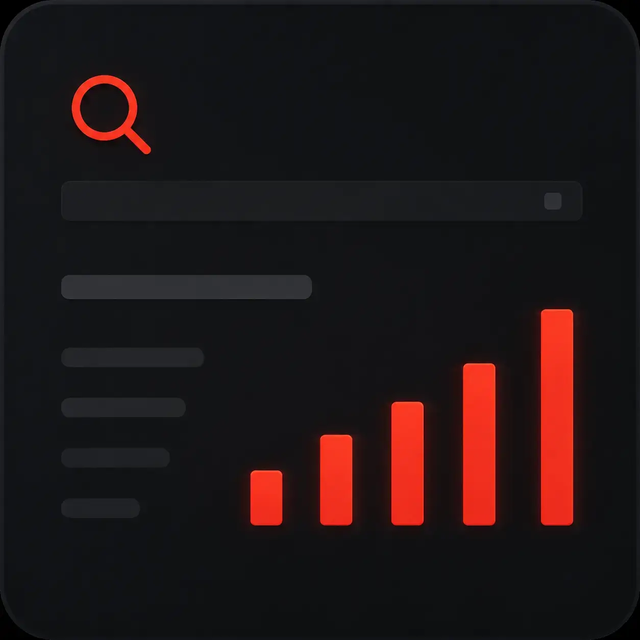 A dark analytics panel with a search field and a rising bar chart