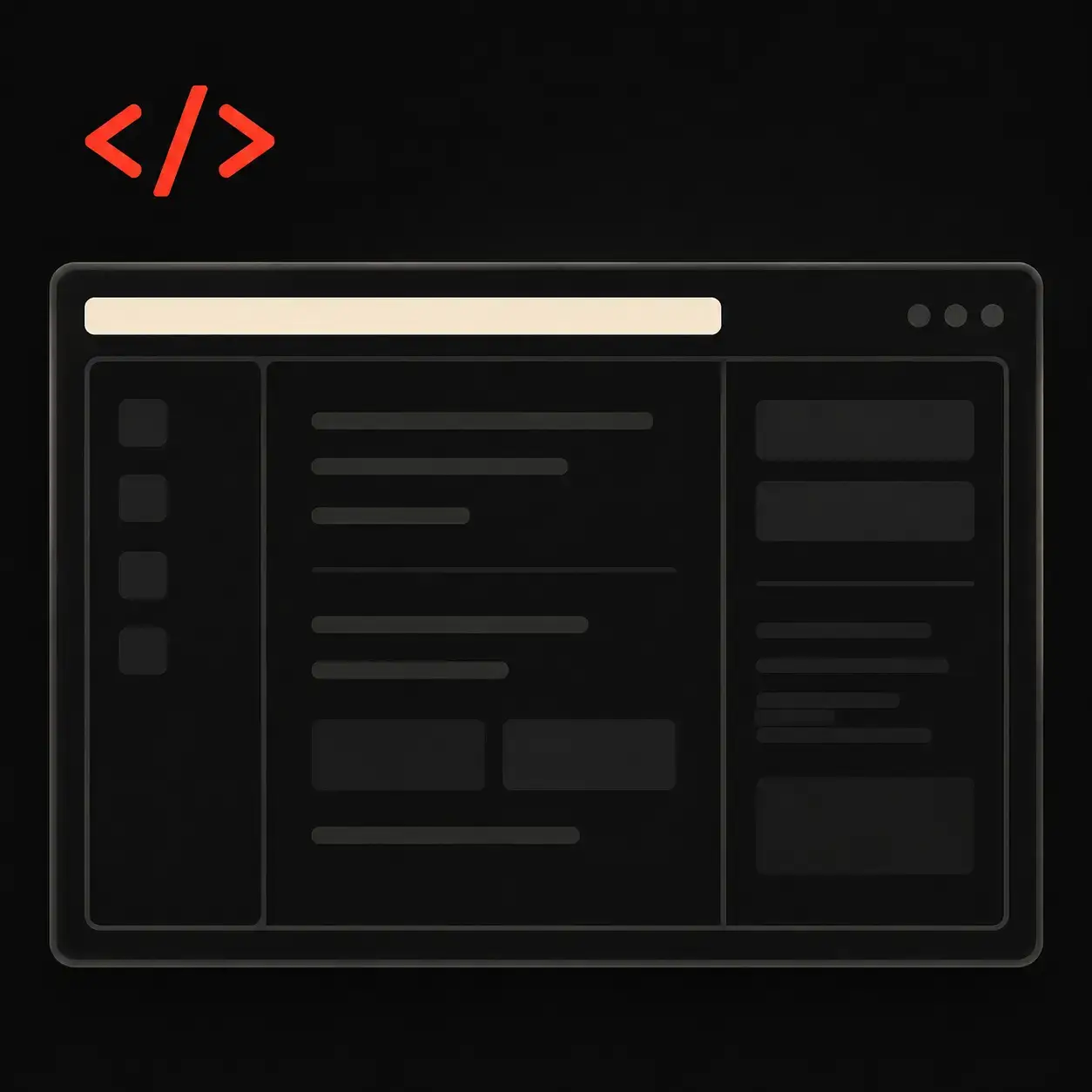 A code-brackets mark above a dark browser window wireframe