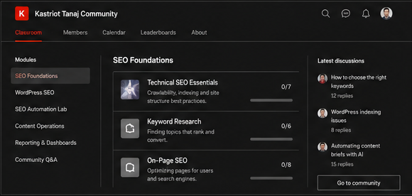 The Kastriot Tanaj Community on Skool: a classroom of SEO, WordPress and automation modules beside the latest member discussions.