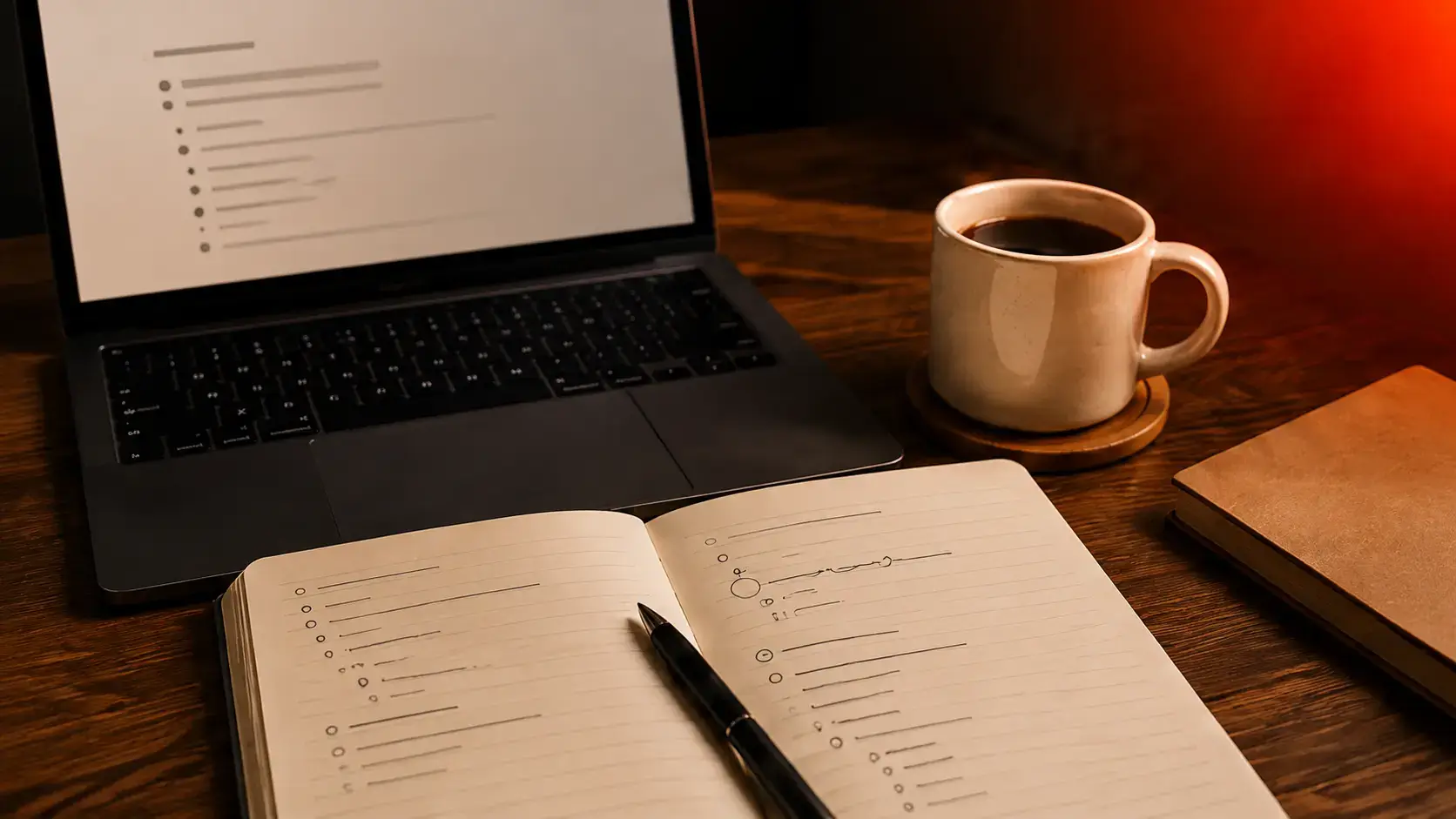 A laptop showing a content outline next to a notebook of SEO experiment notes and a cup of coffee