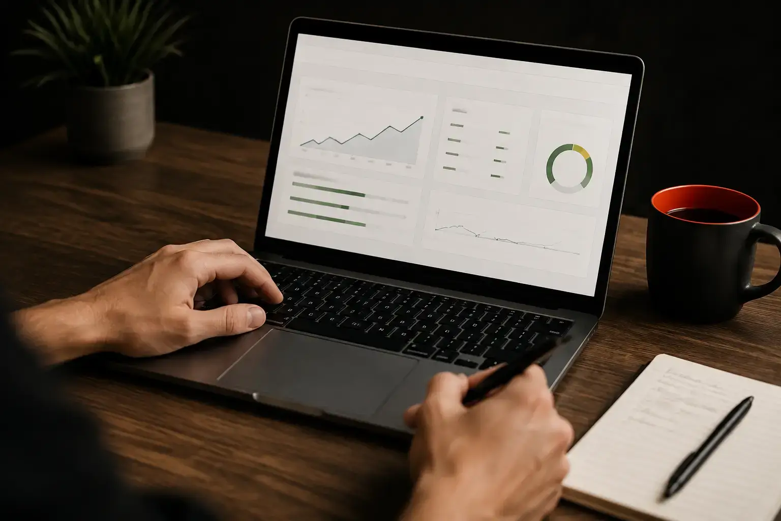 An SEO performance dashboard open on a laptop beside a notebook