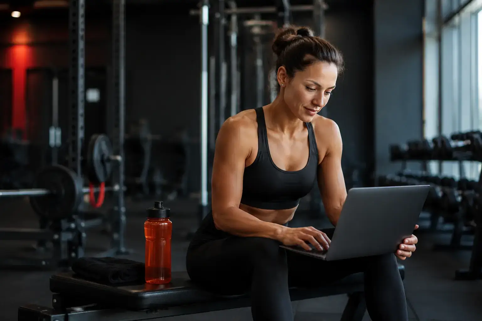 A gym owner reviewing her site's search performance on a laptop