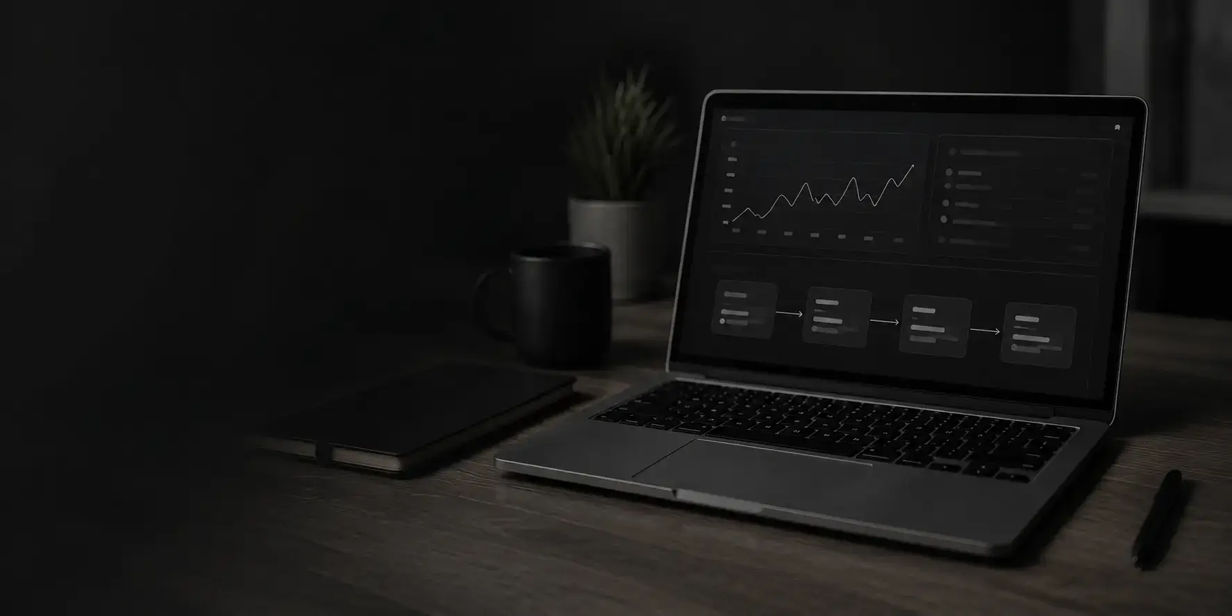 A laptop showing an SEO dashboard and an automation workflow