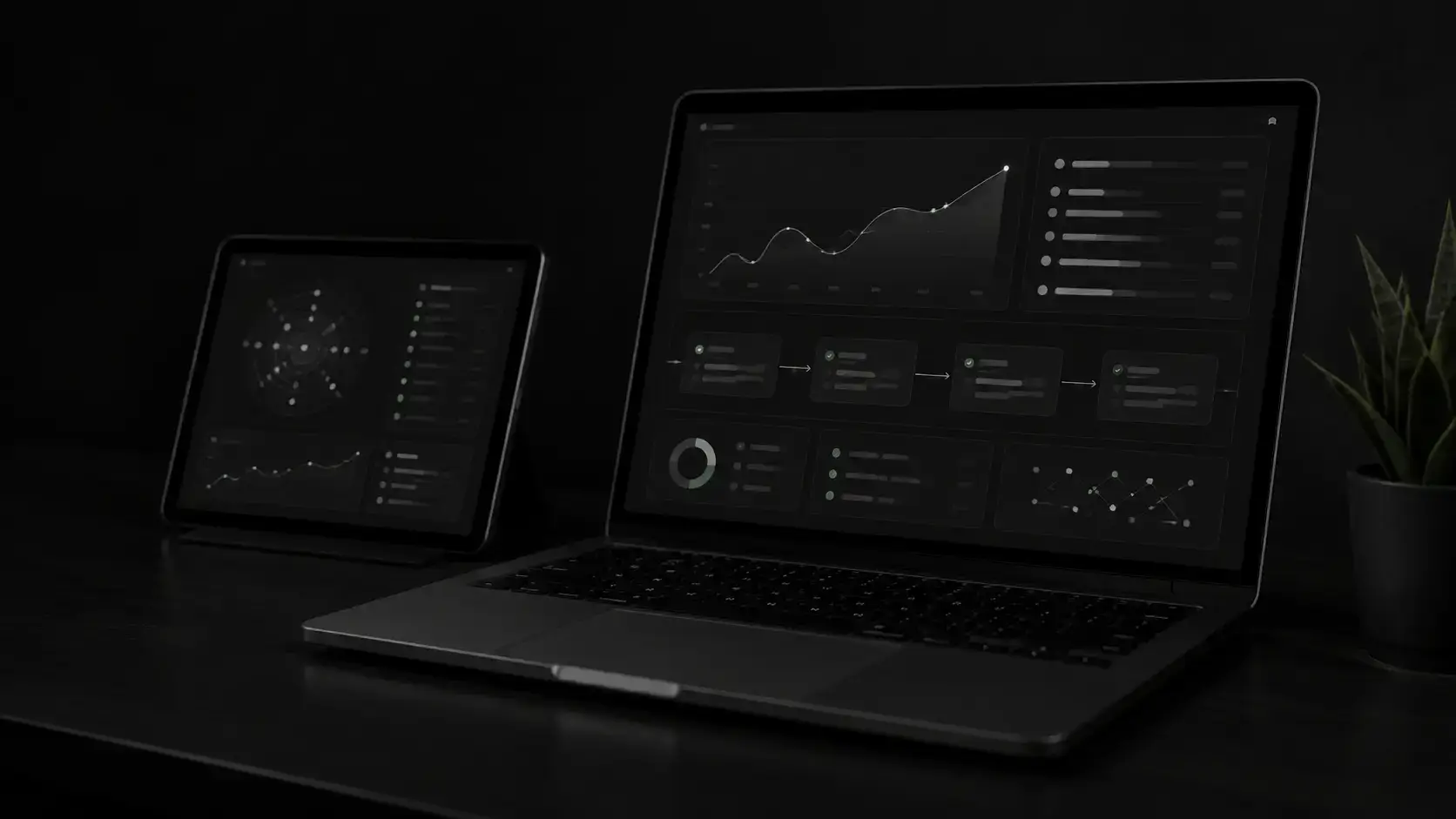 A laptop and tablet showing search performance and automation dashboards