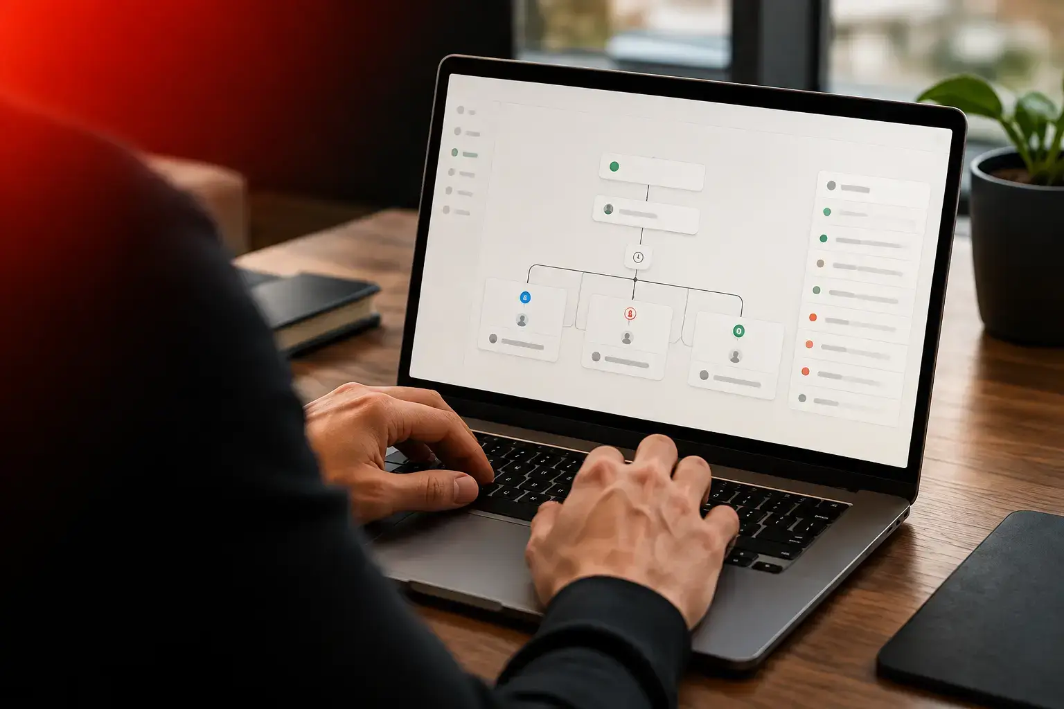 A person typing at a laptop showing a monthly reporting pipeline: its steps branch into validation and delivery, with a list of recent runs alongside