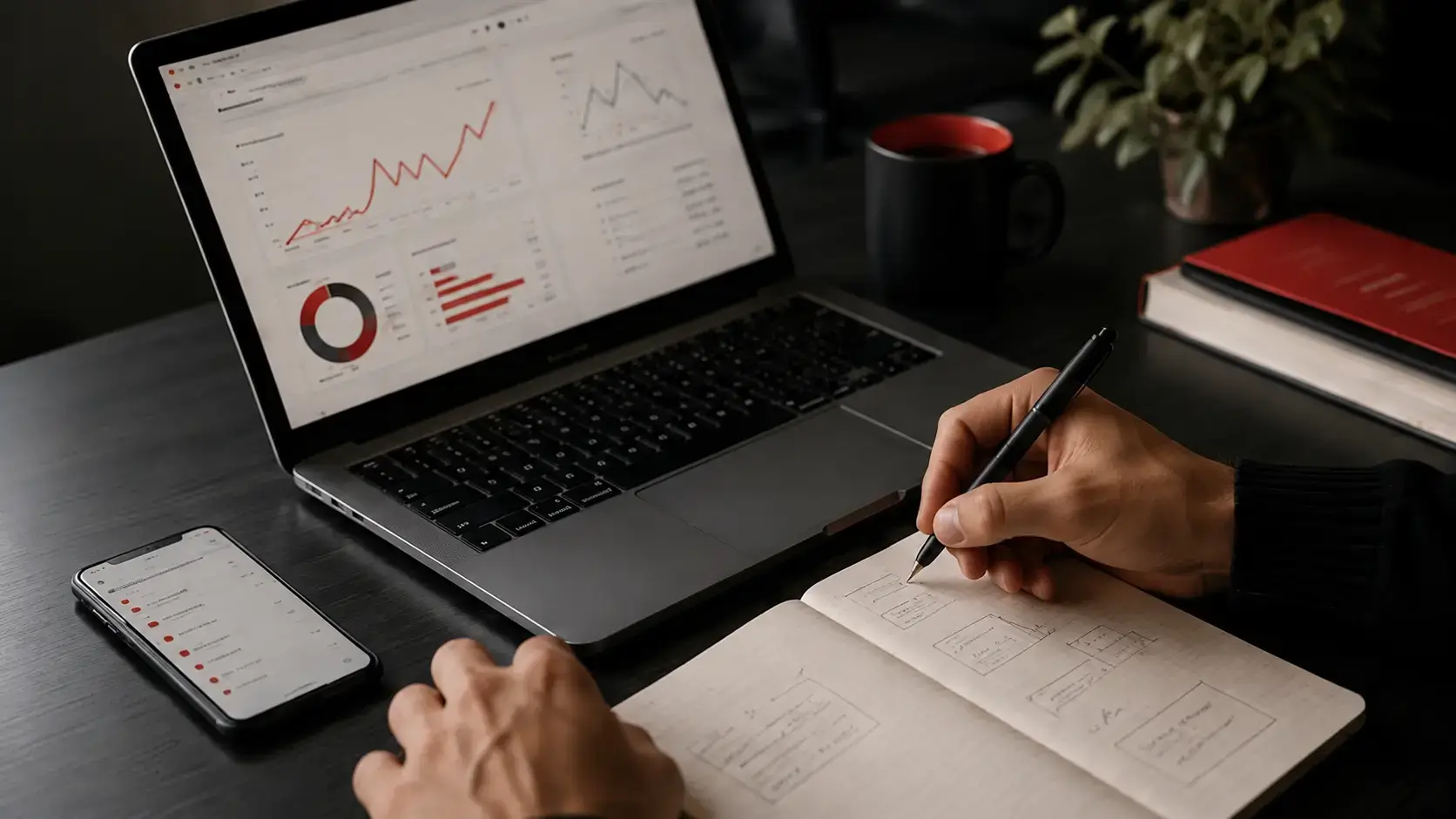 A laptop showing campaign performance charts beside a phone and a notebook of hand-drawn campaign plans