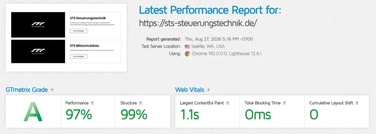 GTmetrix report for sts-steuerungstechnik.de generated 27 August 2026: grade A, 97% performance, 99% structure, 1.1s largest contentful paint, 0ms total blocking time, 0 cumulative layout shift