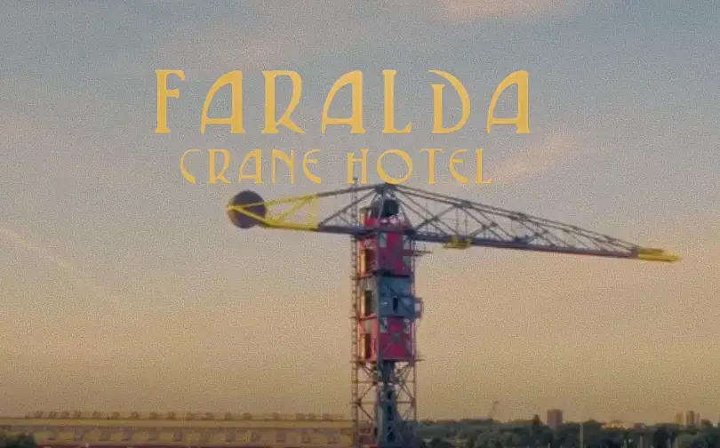 Faralda Crane Hotel logo over the Amsterdam crane hotel