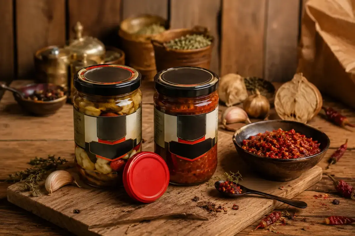 Two jars of Gerti Foods preserves on a wooden board beside a bowl of ajvar